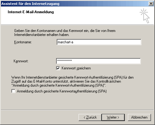 Assistent: Eingeben von POP3 Postfachnamen und Kennwort