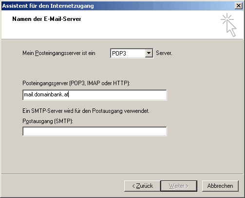 Assistent: Eingeben von Postausgangsserver und Posteingangsserver
